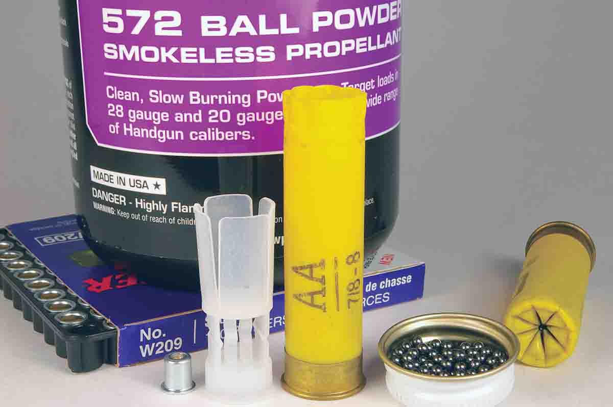 Winchester 572 was tested in Winchester AA 20-gauge cases with a 7⁄8-ounce charge of No. 71⁄2 shot while using WAA20 wads.